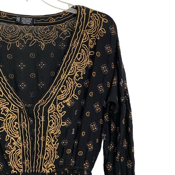 Volcom Champain Trail Mini Dress Size S Boho Folksy Black Gold Embroidered Rodeo - Picture 7 of 16